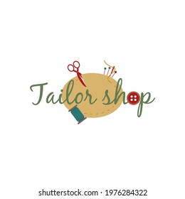 Tailor shop logo with sewing elements: thread, needle, fabric, scissors, pins. Sewing workshop, atelier, tailor shop, sewing coworking logo template. Handmade concept. Flat vector retro illustration