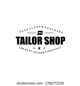 Tailor shop logo vector illustration with modern sewing machine silhouette, bold text and stars isolated on white background suit for tailor shop theme