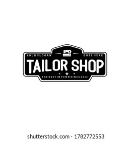 Tailor shop logo vector illustration in black geometric frame with modern sewing machine silhouette, text and stars isolated on white background suit for tailor shop theme