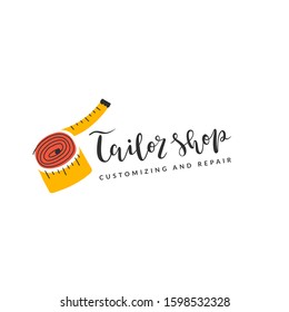 Tailor shop logotype with lettering and illustration of measuring tape, isolated vector logo for workshop, atelier or tailor store. Elegant calligraphy and modern simple drawing, good as brand symbol