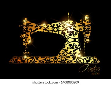 Tailor shop luxury vector logo. Sewing machine logo template. Fashion logo. Gold Old Vintage Sewing machine with retro floral golden decorations vector icon isolated on black background 