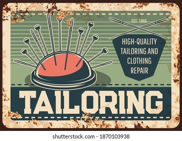 Tailor shop metal plate rusty, sewing clothes and repair atelier, vector retro poster. Tailoring and fashion seamstress workshop or dressmaking salon and clothes alternation service