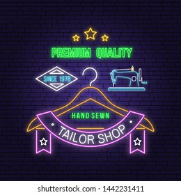 Tailor shop neon design or emblem. Vector illustration. Neon signboard at night. Vintage typography design with sewing machine, hangers for clothes silhouette. Retro design for sewing shop business