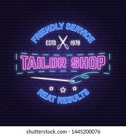 Tailor shop neon design or emblem. Vector illustration. Night neon signboard. Vintage typography design with sewing needle and scissors silhouette. Retro design for sewing shop business