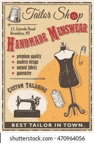 Tailor Shop Poster With Sewing Elements And Vintage Grunge Texture