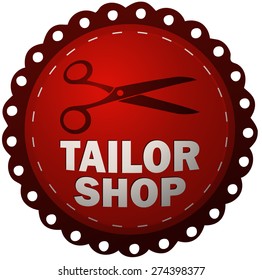 Tailor Shop Red Round Sticker Sign, Vector Illustration. 