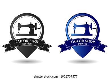 Tailor shop. Repair and sewing of clothes. Scissors cut through the fabric. Spool of thread. Men's, women's, children's clothing. Geolocation sign, location designation. Sewing machine, ribbon. Vector