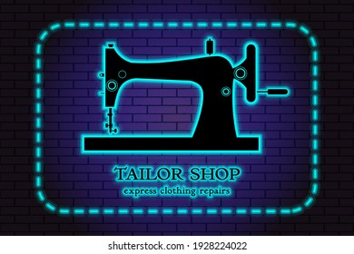 Tailor shop. Repair and sewing of clothes. Spool of thread. Men's, women's, children's clothing. Sewing machine. Neon symbol in old retro style. On background of brick illuminated wall. Vector