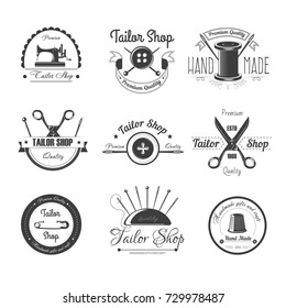 Tailor shop salon vector icons button, sewing needle or scissors and thimble