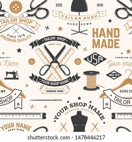 Tailor shop seamless pattern or background. Vector illustration. Concept for sewing shop business. Design with sewing accessories silhouette.