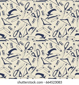 Tailor shop seamless pattern with scissors, iron, pins. Tailor background design. Vector illustration