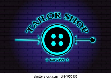 Tailor shop service. Repair and sewing of clothes. Men's, women's, children's clothing. Trendy concept. Neon symbol, logo, sign. On background of brick illuminated wall. Vector