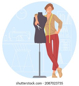 Tailor at a tailor shop - small business illustrations. Woman snipper with mannequin and sewing machine. Vector illustration.