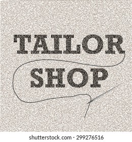 Tailor shop. Vector banner for sewing shop designed with fabric, threads and stitches. Clip art for poster, identity, sticker, business card, promoting and merchandising.