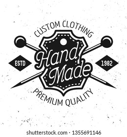 Tailor shop vector black emblem, label, badge or logo with text hand made in vintage style isolated on white background