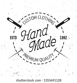 Tailor Shop Vector Black Round Emblem, Label, Badge Or Logo In Vintage Style With Stitch And Two Needles Isolated On White Background