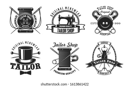 Tailor shop vector icons with sewing machine, needles and threads, buttons, pins and mannequin, retro top hat and bow tie. Sewing tool symbols of craft workshop, fashion designer studio or atelier