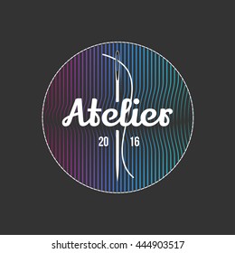 Tailor shop vector logo, sign, emblem. Design element for sewing and tailoring craft service with needle making a stitch