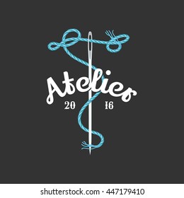Tailor shop vector logo, sign, emblem. Design element for dressmaking, fashion clothes sewing service