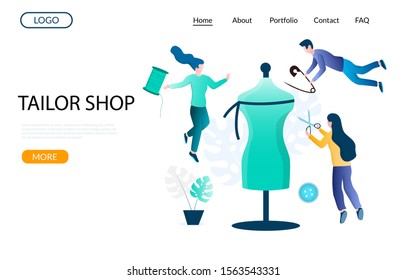 Tailor shop vector website template, web page and landing page design for website and mobile site development. Sewing workshop, atelier, custom clothing concept with micro characters, huge mannequin.