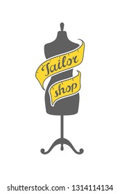 Tailor shop vintage logo emblem in lettering style with measure tape and manneguin (dummy, layman). Sewing atelier icon. Clothing repair industry label. Vector illustration design. Vintage craft sign