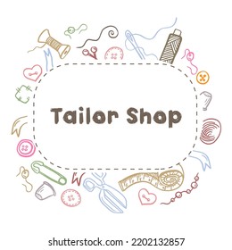 Tailor shop vintage logo emblem in lettering style withmeasure tape, sewing reel, needles and pins. Sewing atelier icon. Clothing repair industry label. Vector illustration design. Vintage craft sign