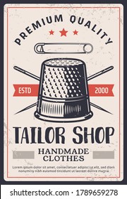 Tailor Shop Vintage Poster, Sewing Fashion And Textile Craft Design, Dressmaking Salon, Vector. Seamstress Tailoring And Needlework Craft For Handmade Clothes, Tailor Shop Needles, Pins And Thimble