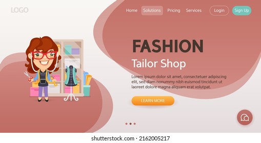 Tailor Shop website template. Illustration of a cartoon illustration of a smiling woman tailor creates clothes. Composition with a professional. Flat female character.