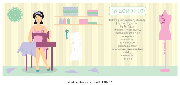 Tailor shop,studio for repair and tailoring .Seamstress engaged in tailoring business.Flat vector illustration.