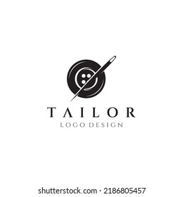 Tailor silhouette logo with needle, thread, benik and sewing machine markings. Logo design for tailors, fashion, boutiques and other clothing companies.