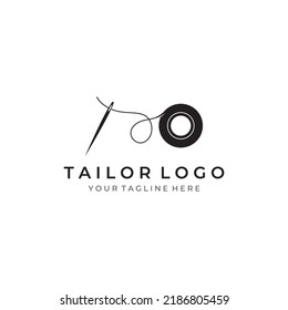 Tailor silhouette logo with needle, thread, benik and sewing machine markings. Logo design for tailors, fashion, boutiques and other clothing companies.