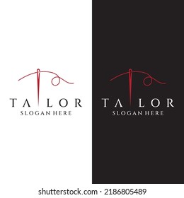 Silhouettenlogo mit Nadel-, Faden-, Bänk- und Nähmaschinenmarkierungen. Logo-Design für Schneider, Mode, Boutiquen und andere Bekleidungsunternehmen.