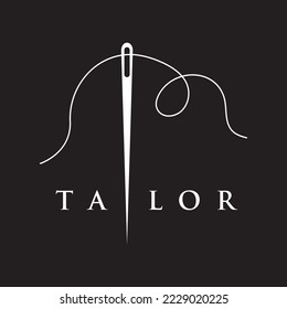 Tailor silhouette logo with needle, thread, benik and sewing machine markings. Logo design for tailors, fashion, boutiques and other clothing companies.
