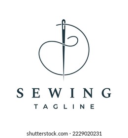Tailor silhouette logo with needle, thread, benik and sewing machine markings. Logo design for tailors, fashion, boutiques and other clothing companies.