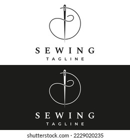 Tailor silhouette logo with needle, thread, benik and sewing machine markings. Logo design for tailors, fashion, boutiques and other clothing companies.