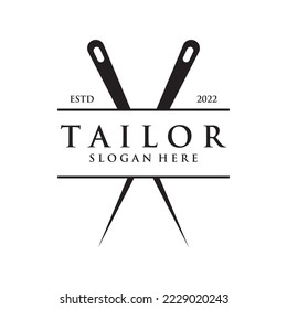 Tailor silhouette logo with needle, thread, benik and sewing machine markings. Logo design for tailors, fashion, boutiques and other clothing companies.