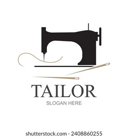 Tailor silhouette logo with needle, thread, benik and sewing machine markings. Logo design for tailors, fashion, boutiques and other clothing companies. With vector illustration design.