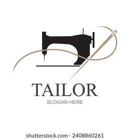Tailor silhouette logo with needle, thread, benik and sewing machine markings. Logo design for tailors, fashion, boutiques and other clothing companies. With vector illustration design.