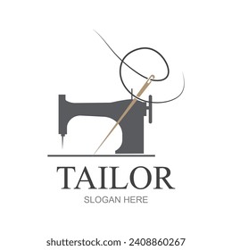 Tailor silhouette logo with needle, thread, benik and sewing machine markings. Logo design for tailors, fashion, boutiques and other clothing companies. With vector illustration design.