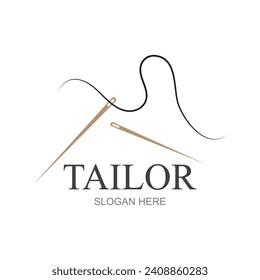 Logotipo de silueta sastre con marcas de aguja, hilo, benik y máquinas de coser. Diseño de logotipos para sastres, tiendas de moda y otras empresas de confección. Con diseño de ilustración vectorial.