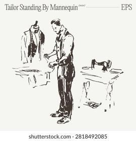 Tailor Standing Near Mannequin And Work Table, Hand Drawn Sketch Illustration