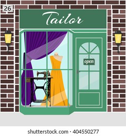 Tailor store. Atelier. Facade of brown stone. Dummy in evening dress and treadle sewing machine in window. Vector illustration. EPS 10