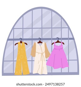 Tailor store, vector illustration. Atelier window with clothes on hangers. Fashion designer's studio, tailoring services