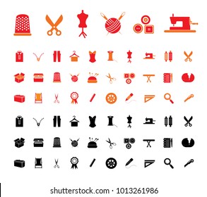 Tailor, tailoring, atelier, sewing, needle thread, threading, iron,  ironing table, sew, scissors, vector illustration symbols, icons, pictograms set, collection
