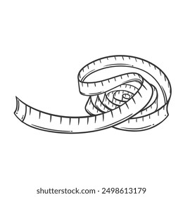 Symbol für Bandrolllinie anpassen. Handgezeichnetes Retro-Profi-Schneiderwerkzeug, abgerundetes Lineal, um die Abmessungen in Zentimetern zu messen. Nähen, Fitness Maskottchen, Doodle flexibles Band Symbol Vektorgrafik