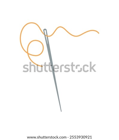 Tailor thread and needle logo, doodle sewing craft tool object, flat dressmaking decoration design, hand drawn embroidery accessories illustration, vector tailor supplies element,