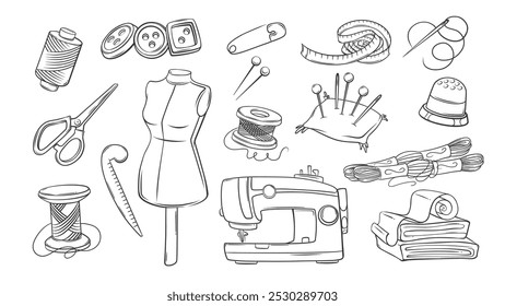 Tailor tools and accessories line icons set. Hand drawn retro equipment of seamstress to sew dress. Sewing, needlework, mascot, icons of designer and tailor workshop collection vector illustration