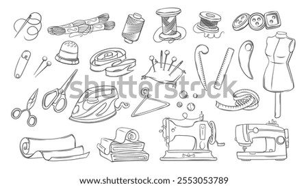 Tailor tools and accessories line icons set. Hand drawn retro tailors kit to sew fashion clothing. Tailoring in studio, dressmaking hobby mascots, outline sewing icons collection vector illustration