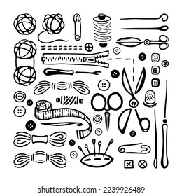 Tailor tools big set. Black and white logo. Hand drawn icons collection. Vector illustration.