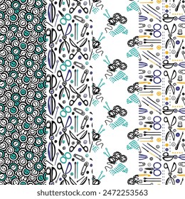 Tailor tools, sewing elements and icons. Handmade doodle seamless pattern set. Vector Illustration on white background